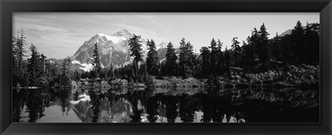 Framed Reflection of trees and mountains in a lake, Mount Shuksan, North Cascades National Park, Washington State (black and white) Print