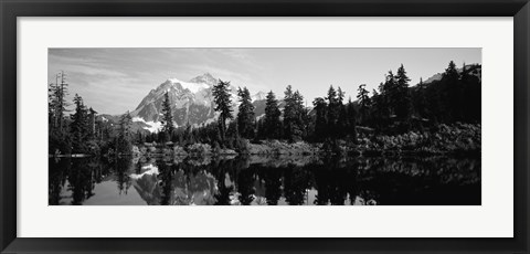 Framed Reflection of trees and mountains in a lake, Mount Shuksan, North Cascades National Park, Washington State (black and white) Print