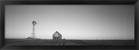 Framed Farmhouse and Windmill in a Field, Illinois (black &amp; white) Print