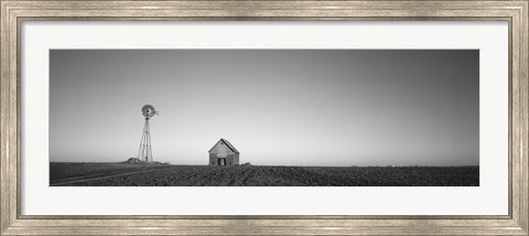 Framed Farmhouse and Windmill in a Field, Illinois (black &amp; white) Print