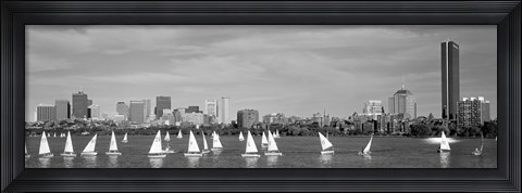 Framed Black and white view of boats on a river by a city, Charles River,  Boston Print