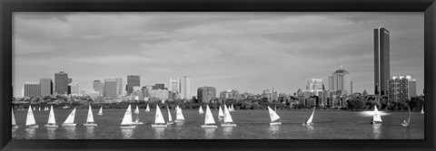 Framed Black and white view of boats on a river by a city, Charles River,  Boston Print