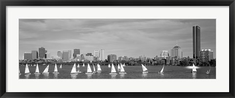 Framed Black and white view of boats on a river by a city, Charles River,  Boston Print