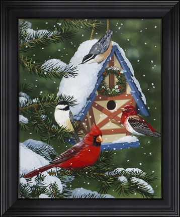 Framed Birds At Feeder (Winter) Print