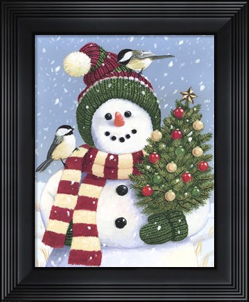 Framed Snowman Holding A Christmas Tree Print