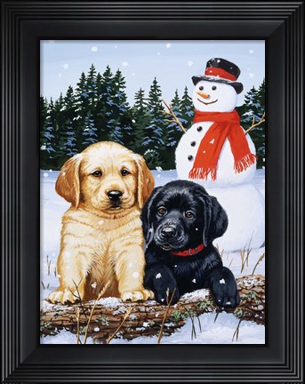 Framed Lab Puppies With Snowman Print