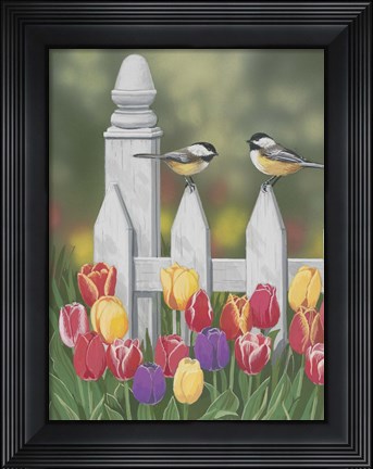 Framed Chickadees And Tulips Print