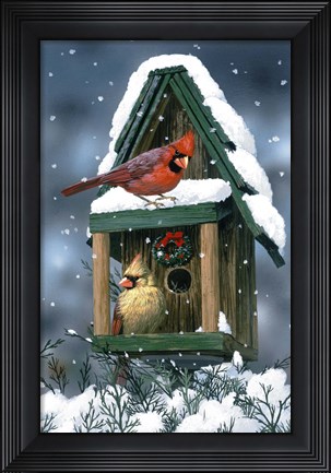 Framed Cardinals And Birdhouse In Snow Print