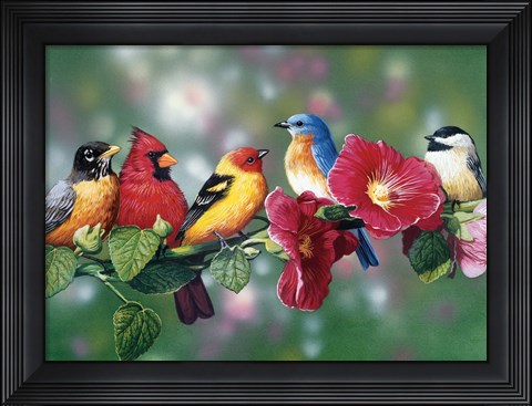 Framed Songbirds On Hollyhock Print