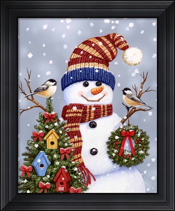 Framed Snowman With Wreath Print