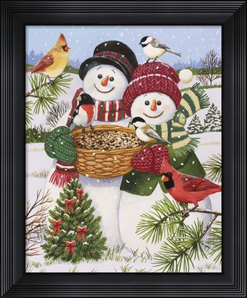 Framed Snow Couple Feeding Birds Print