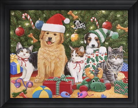 Framed Puppies &amp; Kittens Christmas Print