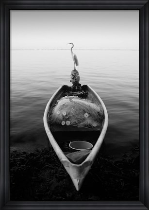 Framed Canoe And A Heron Print