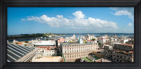 Framed Buildings in a city at the waterfront viewed from a government building, Obispo House, Mercaderes, Old Havana, Havana, Cuba Print