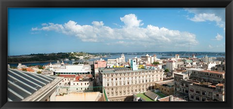 Framed Buildings in a city at the waterfront viewed from a government building, Obispo House, Mercaderes, Old Havana, Havana, Cuba Print