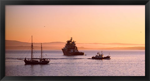 Framed Tugboat with a trawler and a tall ship in the Baie de Douarnenez at sunrise, Finistere, Brittany, France Print