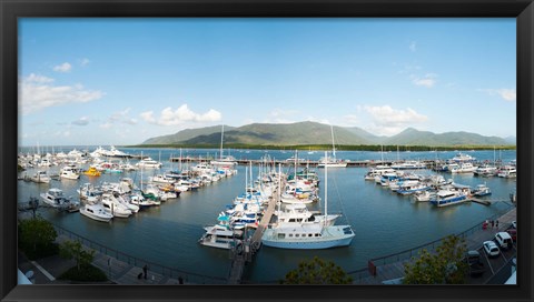 Framed Boats at a marina, Shangri-La Hotel, Cairns, Queensland, Australia Print