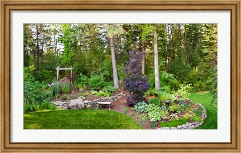 Framed Backyard garden in Loon Lake, Spokane, Washington State, USA Print