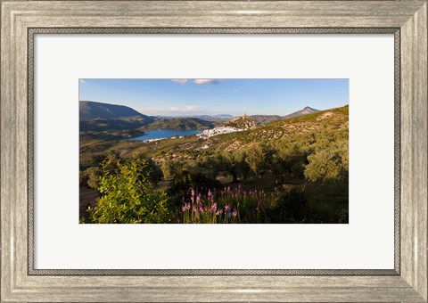 Framed High angle view of a town in distant, Zahara De La Sierra, Cadiz Province, Andalusia, Spain Print