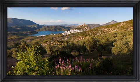 Framed High angle view of a town in distant, Zahara De La Sierra, Cadiz Province, Andalusia, Spain Print