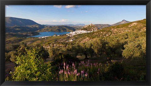 Framed High angle view of a town in distant, Zahara De La Sierra, Cadiz Province, Andalusia, Spain Print