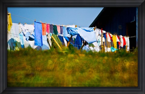 Framed Laundry hanging on the line to dry, Michigan, USA Print