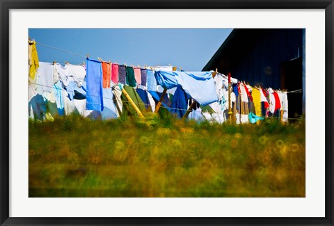 Framed Laundry hanging on the line to dry, Michigan, USA Print