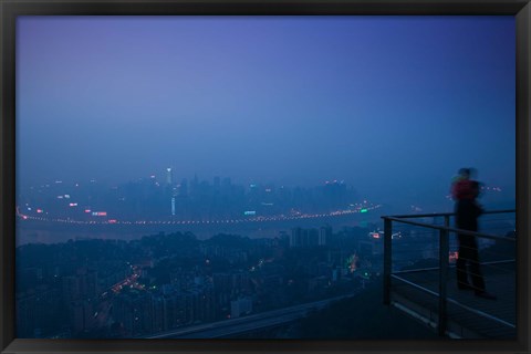 Framed Illuminated city viewed from Yikeshu viewing platform at evening, Chongqing, Yangtze River, Chongqing Province, China Print