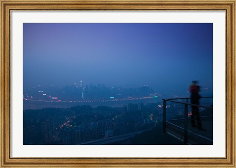 Framed Illuminated city viewed from Yikeshu viewing platform at evening, Chongqing, Yangtze River, Chongqing Province, China Print