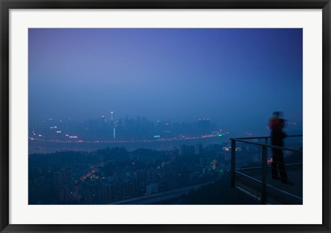 Framed Illuminated city viewed from Yikeshu viewing platform at evening, Chongqing, Yangtze River, Chongqing Province, China Print