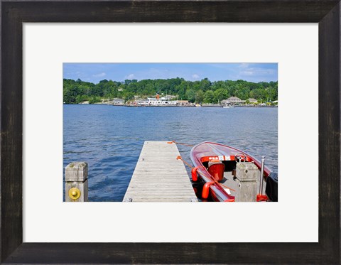 Framed Motorboat moored at a pier, Gravenhurst Bay, Gravenhurst, Ontario, Canada Print