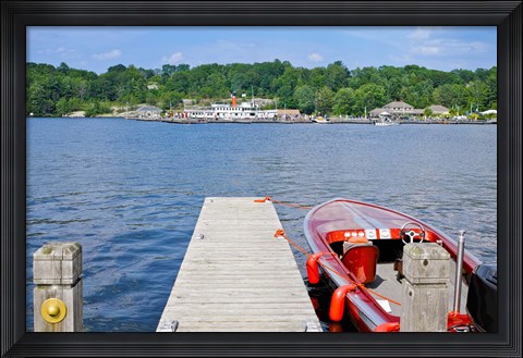 Framed Motorboat moored at a pier, Gravenhurst Bay, Gravenhurst, Ontario, Canada Print