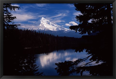 Framed Reflection of a snow covered mountain in a lake, Mt Hood, Lost Lake, Mt. Hood National Forest, Hood River County, Oregon, USA Print