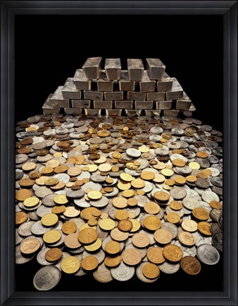 Framed Stack of sliver ingots and pile of coins Print