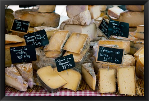 Framed Cheese for sale at a market stall, Lourmarin, Vaucluse, Provence-Alpes-Cote d&#39;Azur, France Print