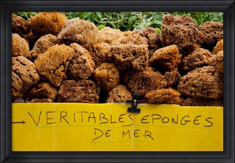 Framed Natural sponges for sale in a market, Lourmarin, Vaucluse, Provence-Alpes-Cote d&#39;Azur, France Print