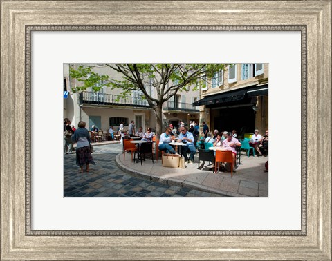 Framed Tourists at sidewalk cafes, Lourmarin, Vaucluse, Provence-Alpes-Cote d&#39;Azur, France Print
