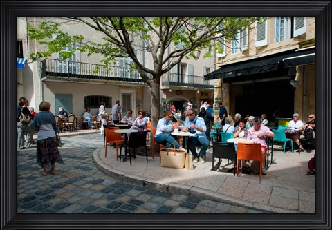Framed Tourists at sidewalk cafes, Lourmarin, Vaucluse, Provence-Alpes-Cote d&#39;Azur, France Print
