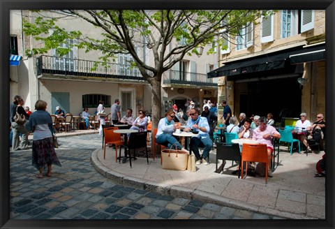 Framed Tourists at sidewalk cafes, Lourmarin, Vaucluse, Provence-Alpes-Cote d&#39;Azur, France Print