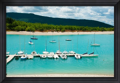 Framed Boats at a harbor, Port Margaridon, Lake of Sainte-Croix, Var, Provence-Alpes-Cote d&#39;Azur, France Print