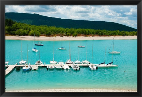Framed Boats at a harbor, Port Margaridon, Lake of Sainte-Croix, Var, Provence-Alpes-Cote d&#39;Azur, France Print