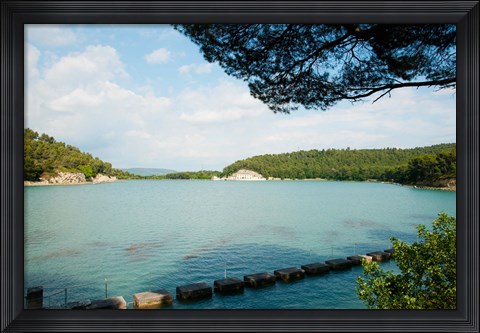 Framed Stepping stones in the reservoir, Canal de Marseille, Rognes, Bouches-Du-Rhone, Provence-Alpes-Cote d&#39;Azur, France Print