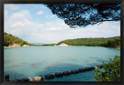 Framed Stepping stones in the reservoir, Canal de Marseille, Rognes, Bouches-Du-Rhone, Provence-Alpes-Cote d&#39;Azur, France Print