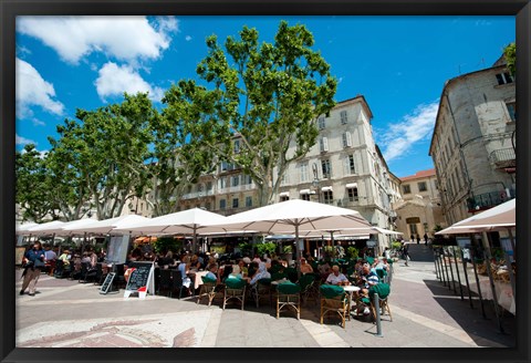 Framed Tourists at sidewalk cafes, Place de l&#39;Horloge, Avignon, Vaucluse, Provence-Alpes-Cote d&#39;Azur, France Print
