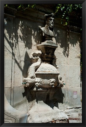 Framed Fountain with the bust of Nostradamus, Rue Carnot, St.-Remy-de-Provence, Bouches-Du-Rhone, Provence-Alpes-Cote d&#39;Azur, France Print