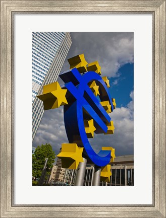 Framed Sculpture of an Euro sign in front of a building, Willy-Brandt-Platz, European Central Bank, Frankfurt, Hesse, Germany Print