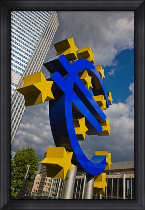 Framed Sculpture of an Euro sign in front of a building, Willy-Brandt-Platz, European Central Bank, Frankfurt, Hesse, Germany Print