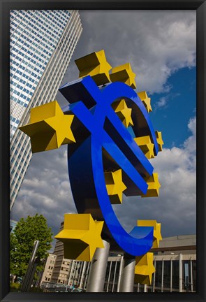 Framed Sculpture of an Euro sign in front of a building, Willy-Brandt-Platz, European Central Bank, Frankfurt, Hesse, Germany Print