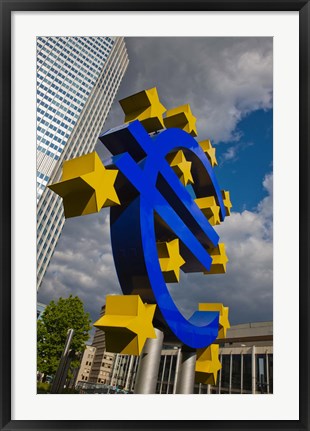 Framed Sculpture of an Euro sign in front of a building, Willy-Brandt-Platz, European Central Bank, Frankfurt, Hesse, Germany Print