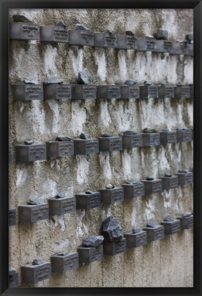 Framed Cemetery wall with names of Holocaust victims, Jewish Cemetery, Frankfurt, Hesse, Germany Print